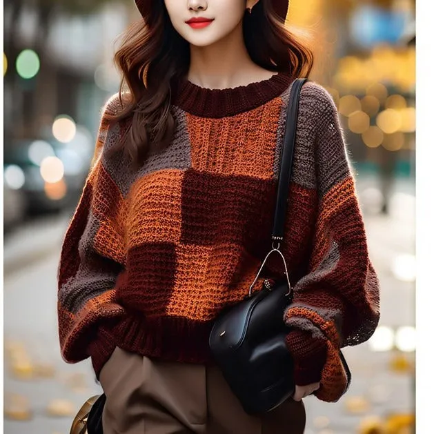 Wenkouban fall outfits aesthetic Maillard Retro Contrast Color Stitching Sweater Women's Autumn and Winter New Lazy Style round Neck Pullover Knitted Top