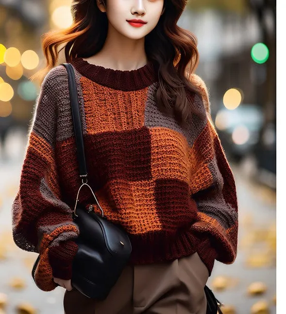 Wenkouban fall outfits aesthetic Maillard Retro Contrast Color Stitching Sweater Women's Autumn and Winter New Lazy Style round Neck Pullover Knitted Top