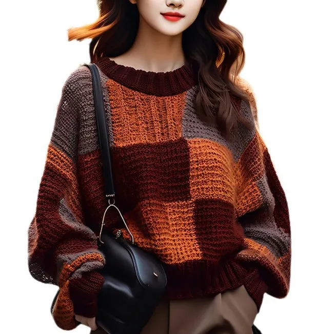 Wenkouban fall outfits aesthetic Maillard Retro Contrast Color Stitching Sweater Women's Autumn and Winter New Lazy Style round Neck Pullover Knitted Top