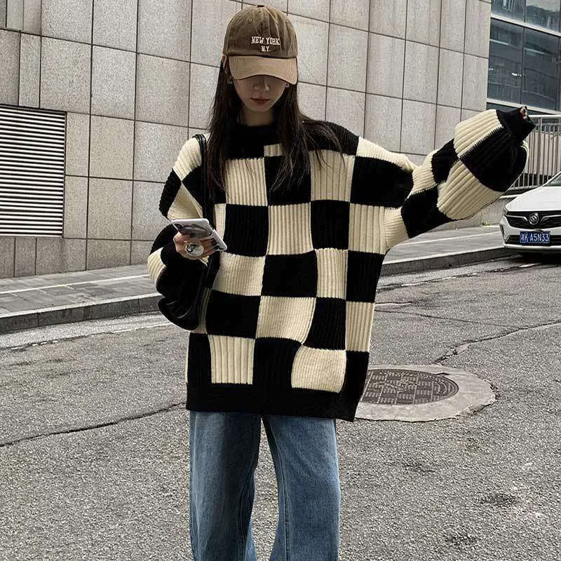 Wenkouban fall sweater Chessboard Plaid Sweater for Women 2024 Autumn and Winter New Design Sense Niche Top Retro Japanese Style Lazy Style Sweater