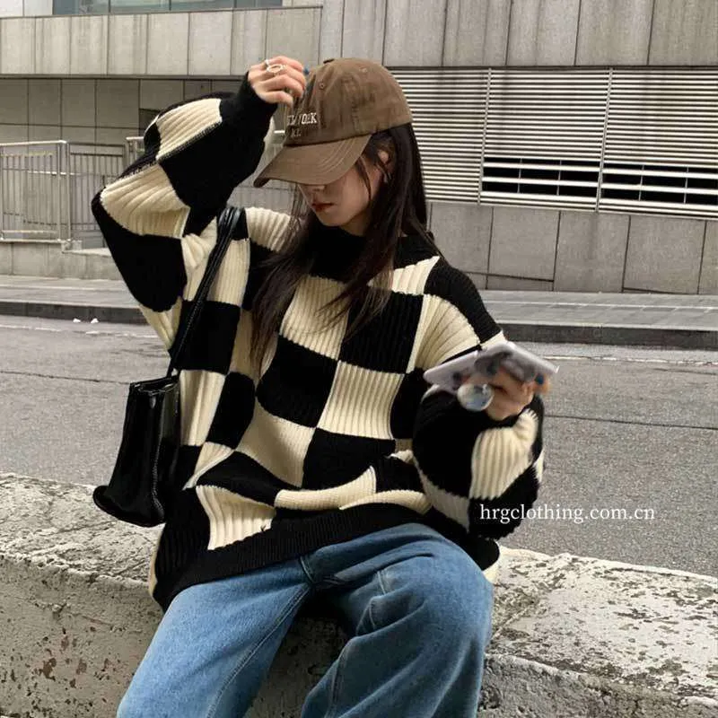 Wenkouban fall sweater Chessboard Plaid Sweater for Women 2024 Autumn and Winter New Design Sense Niche Top Retro Japanese Style Lazy Style Sweater