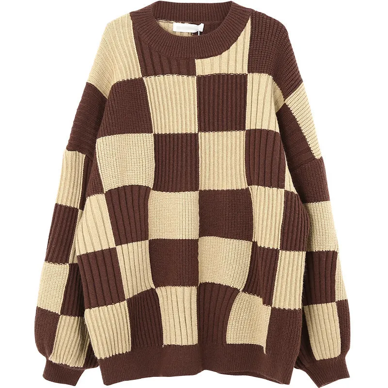 Wenkouban fall sweater Chessboard Plaid Sweater for Women 2024 Autumn and Winter New Design Sense Niche Top Retro Japanese Style Lazy Style Sweater