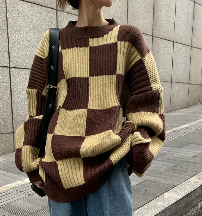 Wenkouban fall sweater Chessboard Plaid Sweater for Women 2024 Autumn and Winter New Design Sense Niche Top Retro Japanese Style Lazy Style Sweater