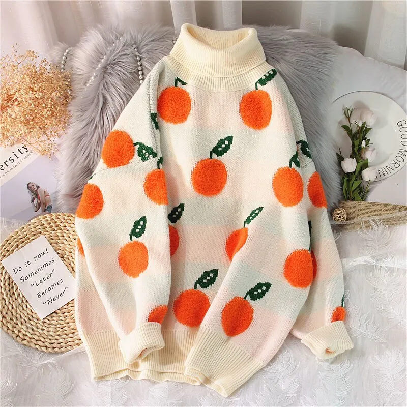 Wenkouban Sweaters Women Printted Pullovers Apple Pattern Long Sleeve Oversize Jumper Turtleneck Knitted Tops Winter Casual Loose Sweater