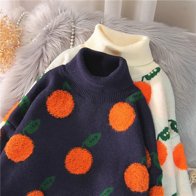 Wenkouban Sweaters Women Printted Pullovers Apple Pattern Long Sleeve Oversize Jumper Turtleneck Knitted Tops Winter Casual Loose Sweater