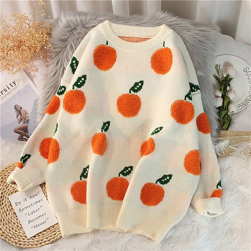 Wenkouban Sweaters Women Printted Pullovers Apple Pattern Long Sleeve Oversize Jumper Turtleneck Knitted Tops Winter Casual Loose Sweater