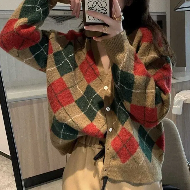 Wenkouban Winter Jacket Sweater Women Argyle Loose Cardigan Vintage V Neck Knit Sweater Fall College Warm Cardigan Sweet Fashion Coat 2022