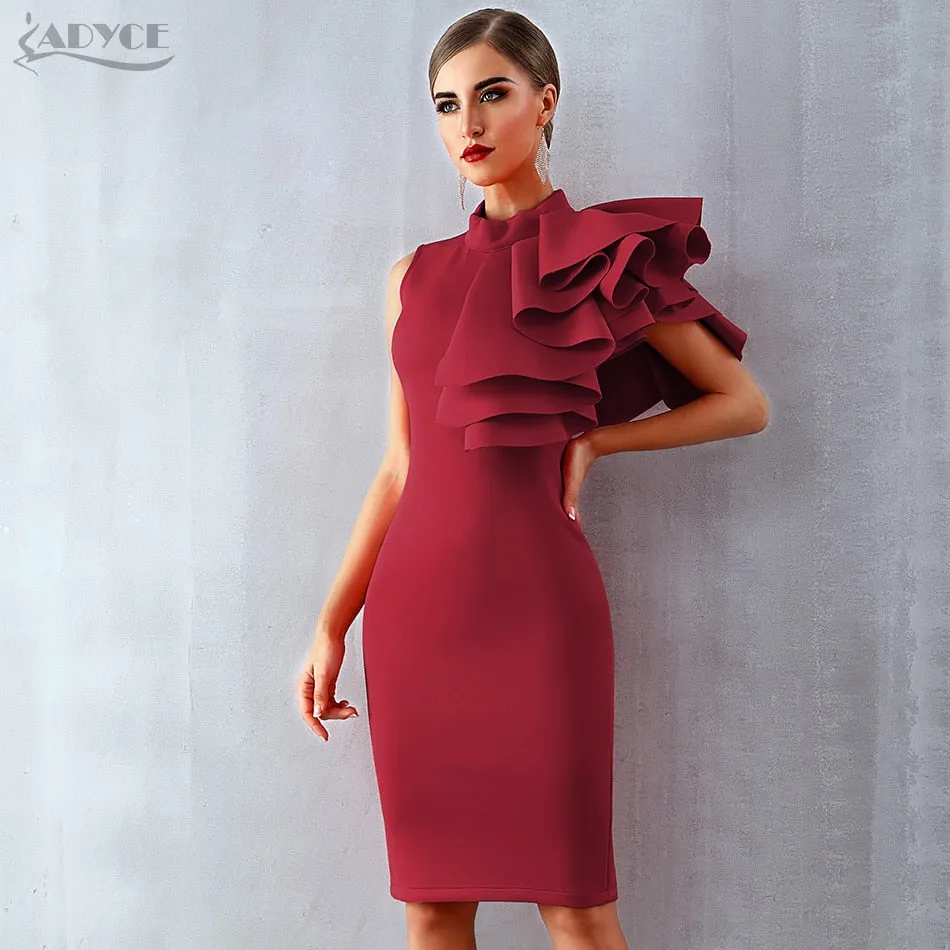 Wine Red Celebrity Evening Runway Party Sleeveless Ruffles Bodycon Midi Night Club Dress