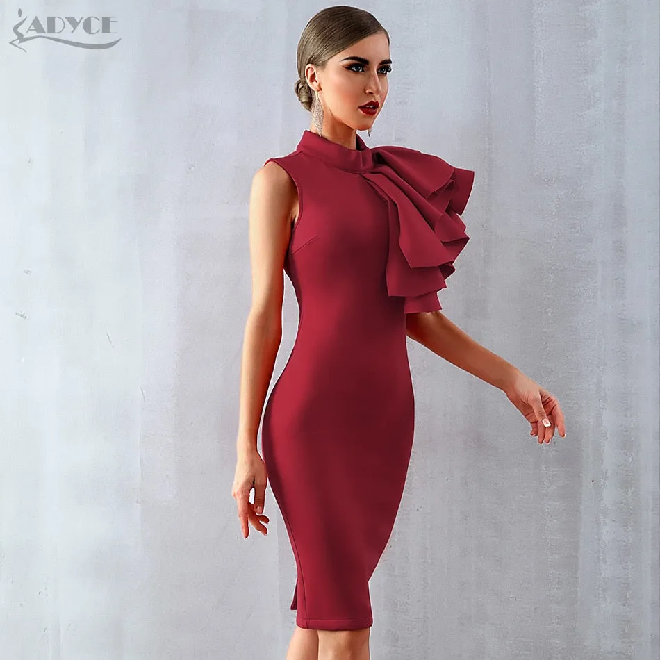 Wine Red Celebrity Evening Runway Party Sleeveless Ruffles Bodycon Midi Night Club Dress