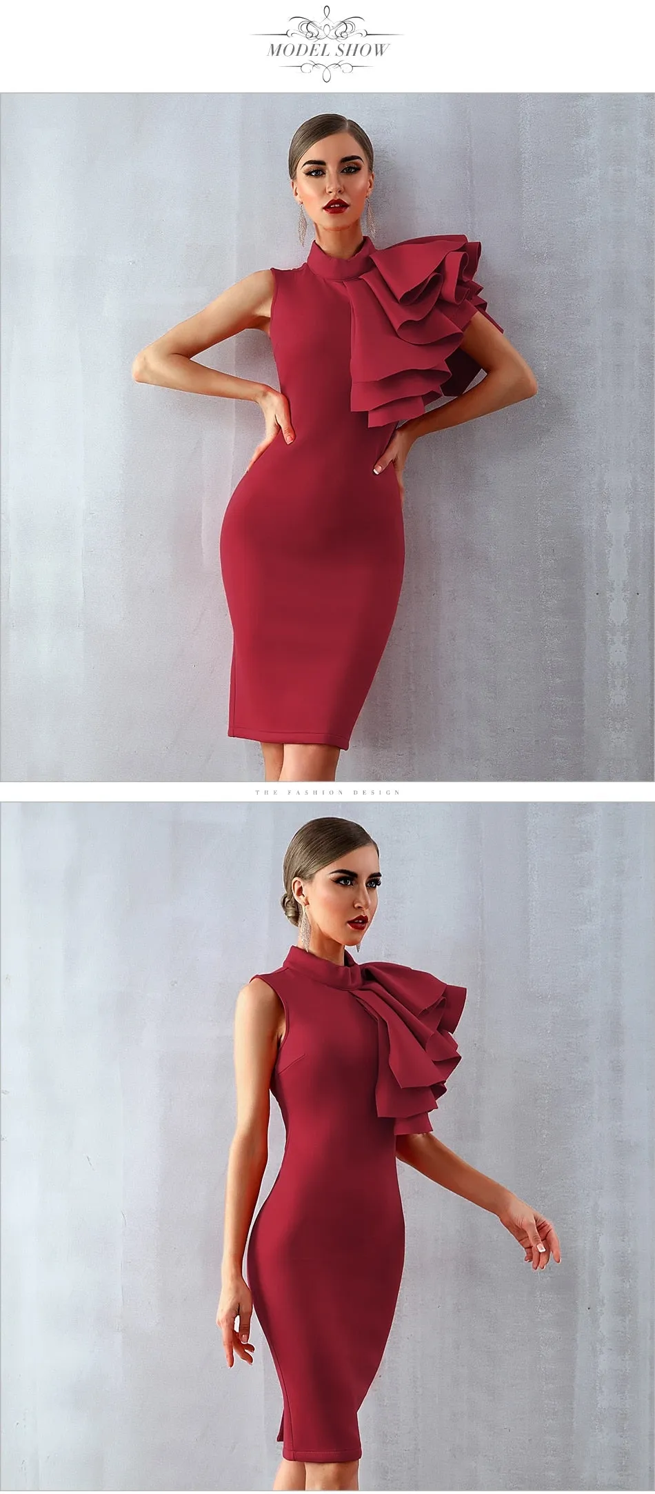 Wine Red Celebrity Evening Runway Party Sleeveless Ruffles Bodycon Midi Night Club Dress