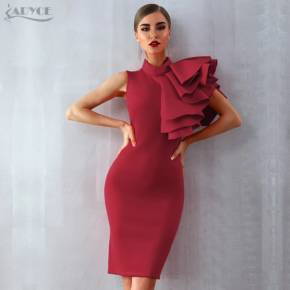 Wine Red Celebrity Evening Runway Party Sleeveless Ruffles Bodycon Midi Night Club Dress