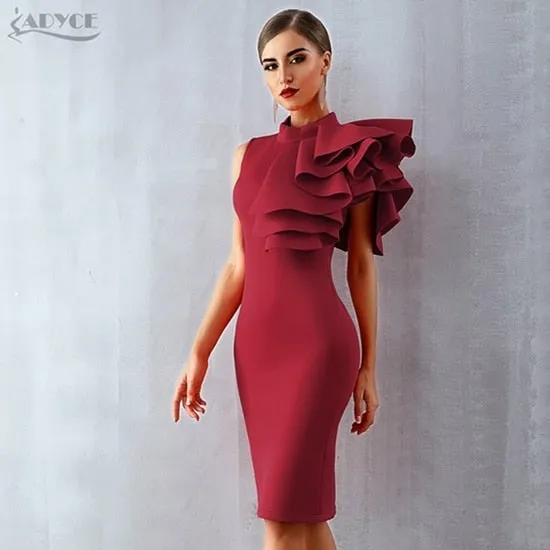 Wine Red Celebrity Evening Runway Party Sleeveless Ruffles Bodycon Midi Night Club Dress