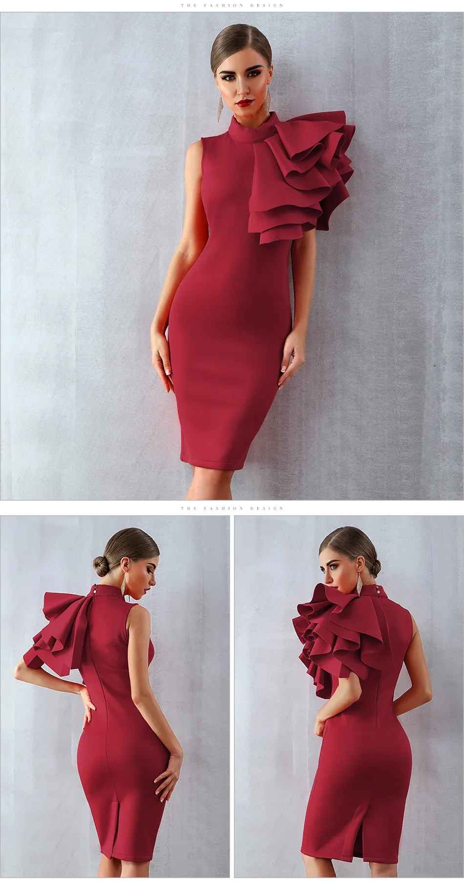 Wine Red Celebrity Evening Runway Party Sleeveless Ruffles Bodycon Midi Night Club Dress