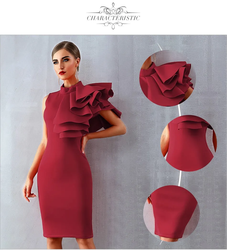 Wine Red Celebrity Evening Runway Party Sleeveless Ruffles Bodycon Midi Night Club Dress