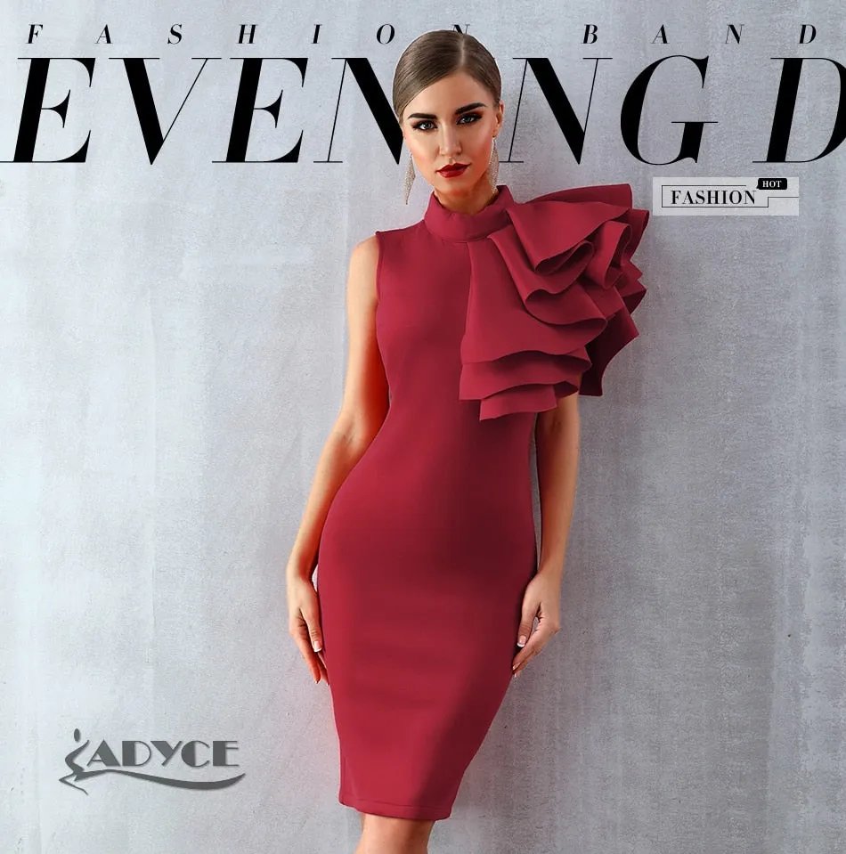 Wine Red Celebrity Evening Runway Party Sleeveless Ruffles Bodycon Midi Night Club Dress