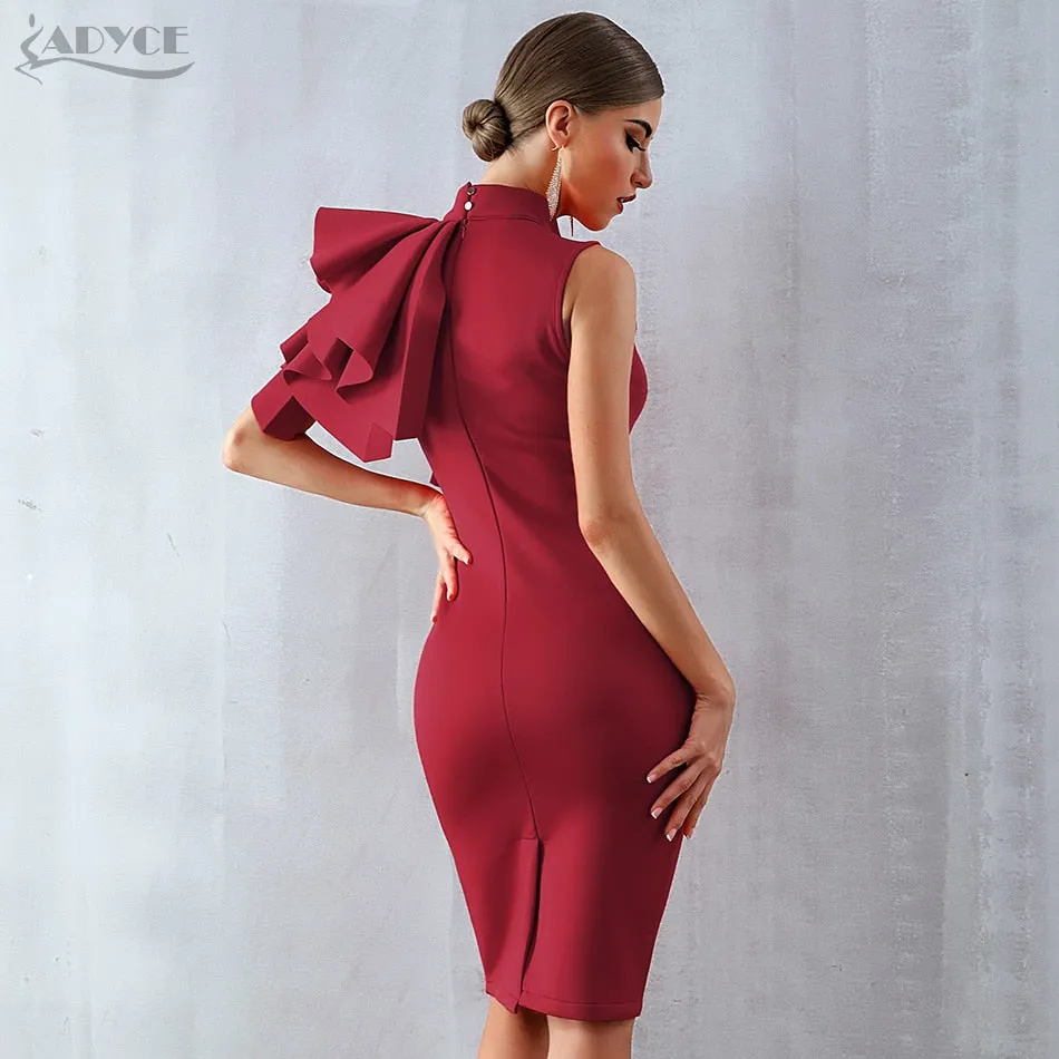 Wine Red Celebrity Evening Runway Party Sleeveless Ruffles Bodycon Midi Night Club Dress