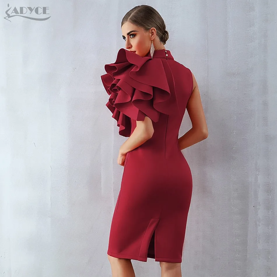 Wine Red Celebrity Evening Runway Party Sleeveless Ruffles Bodycon Midi Night Club Dress