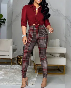 Women 2 Pieces Plain Print Buttoned Shirt & Plaid Print Pants