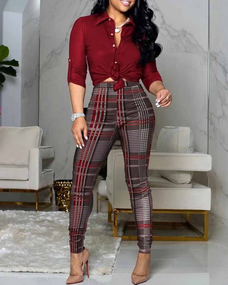 Women 2 Pieces Plain Print Buttoned Shirt & Plaid Print Pants