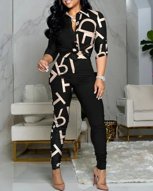 Women 2 Pieces Plain Print Buttoned Shirt & Plaid Print Pants