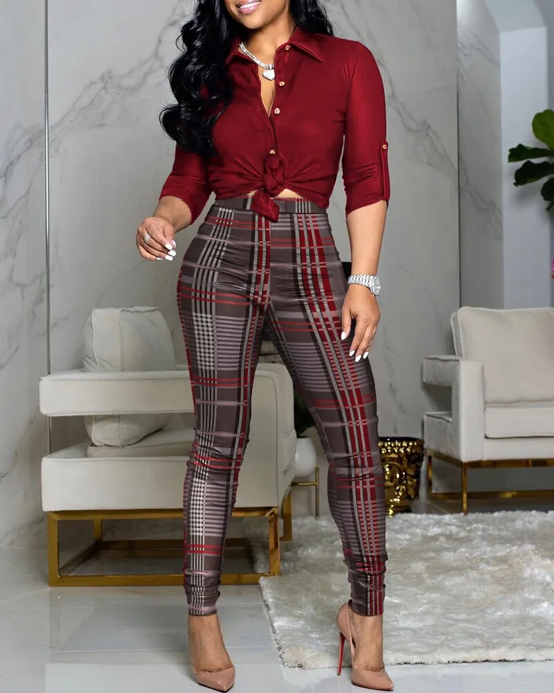 Women 2 Pieces Plain Print Buttoned Shirt & Plaid Print Pants