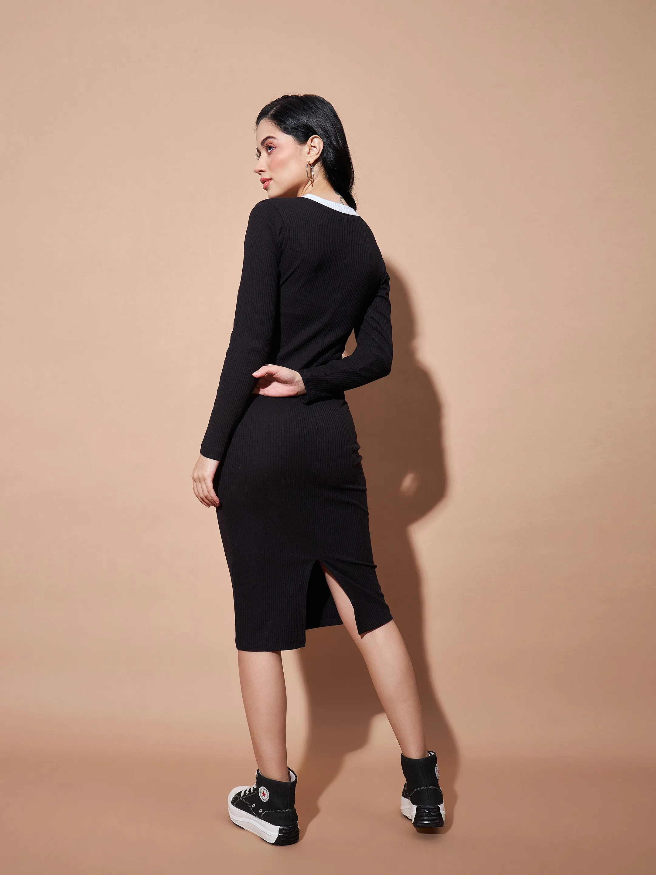 Women Black Contrast Rib Bodycon Rib Dress