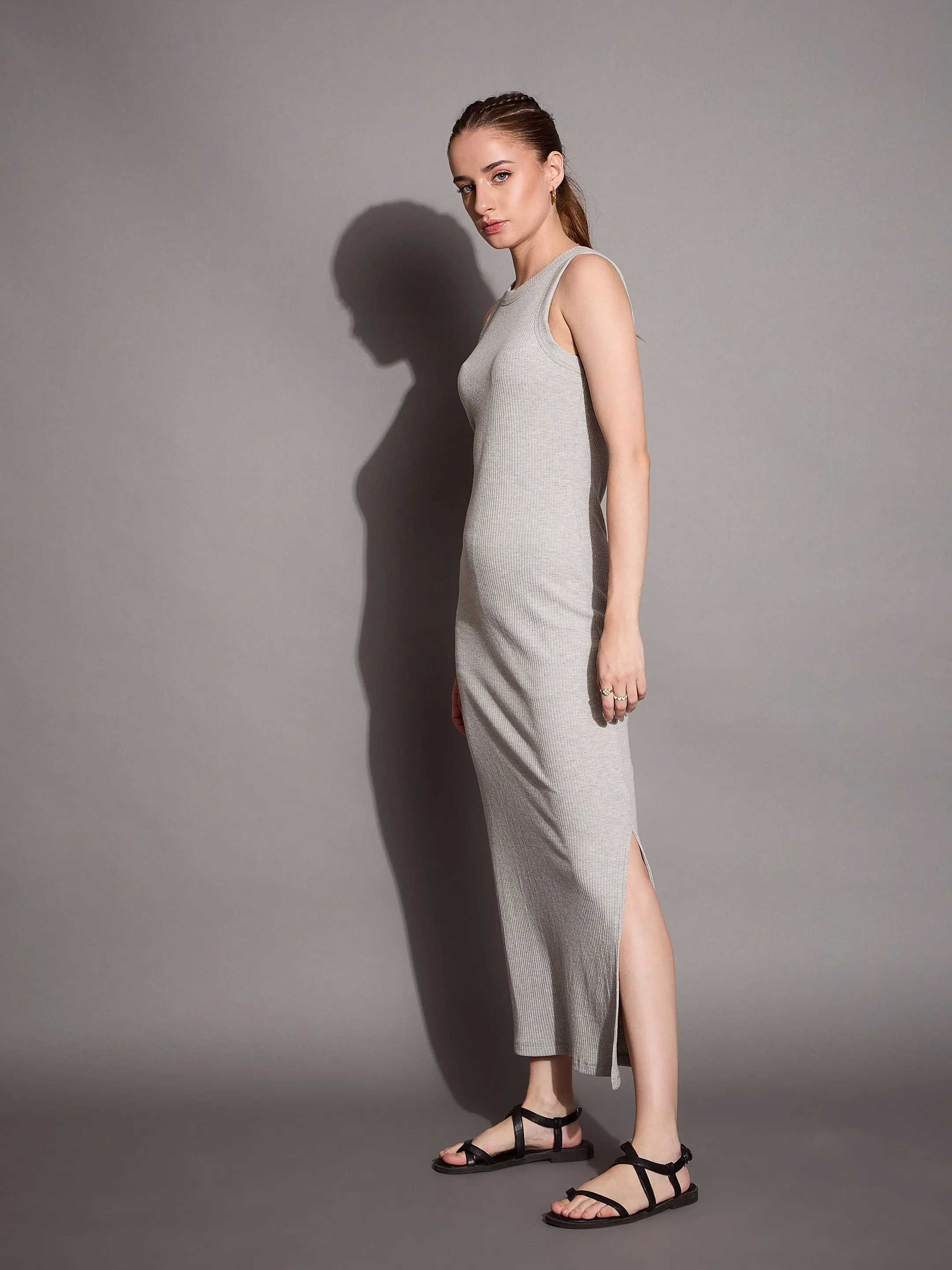 Women Grey Melange Ribbed Sleeveless Bodycon Maxi Dress