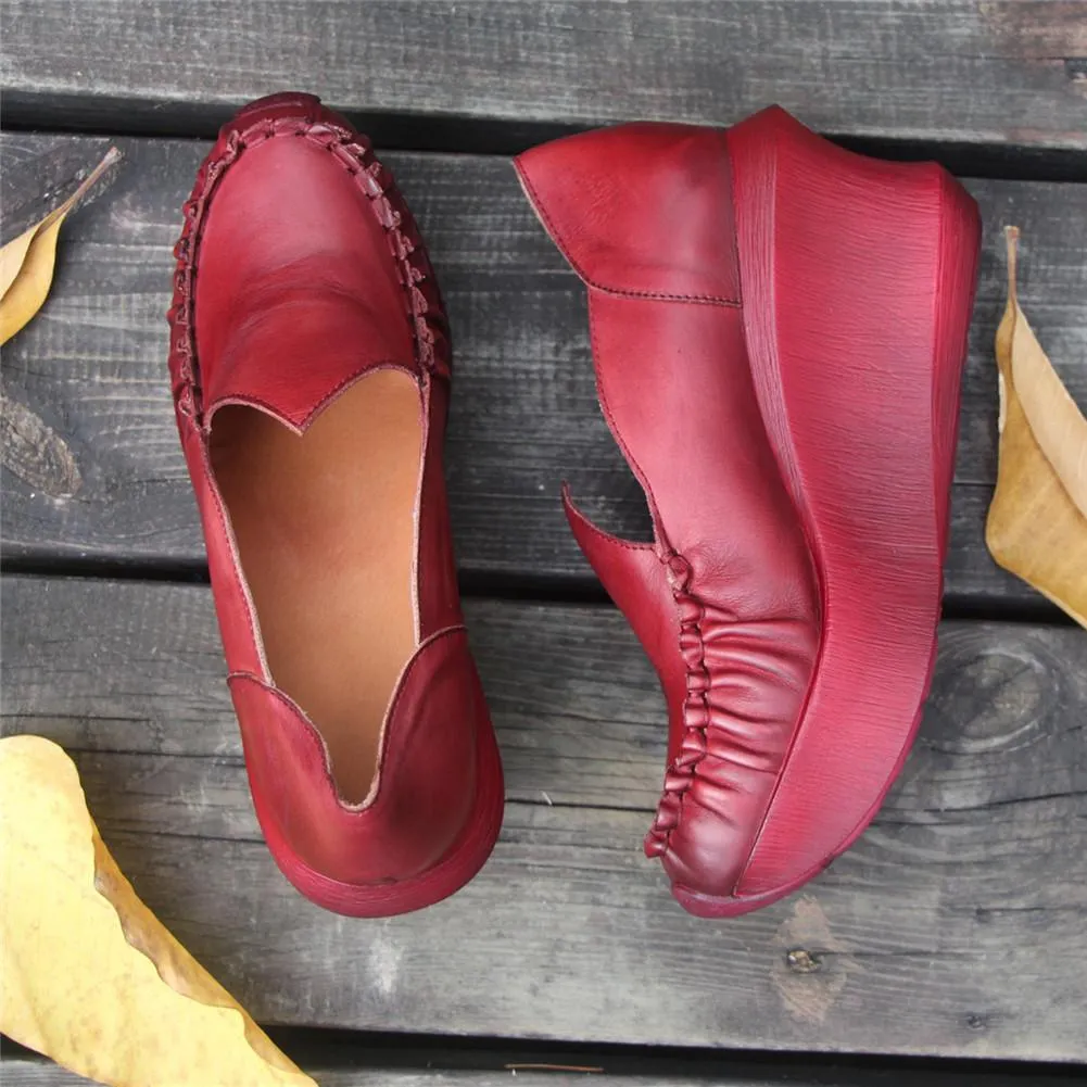 Women Handmade Leather Loafers,Retro Slip Ons  Red Platforms