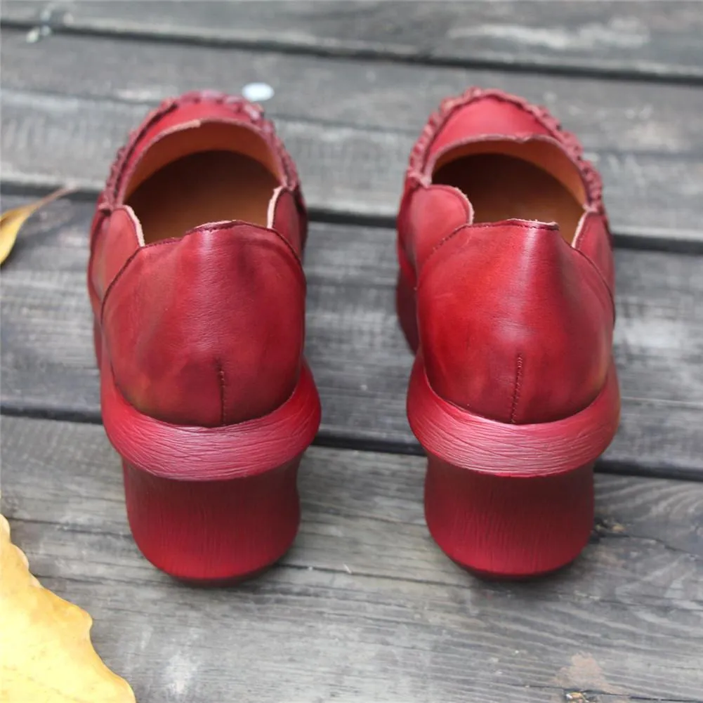 Women Handmade Leather Loafers,Retro Slip Ons  Red Platforms