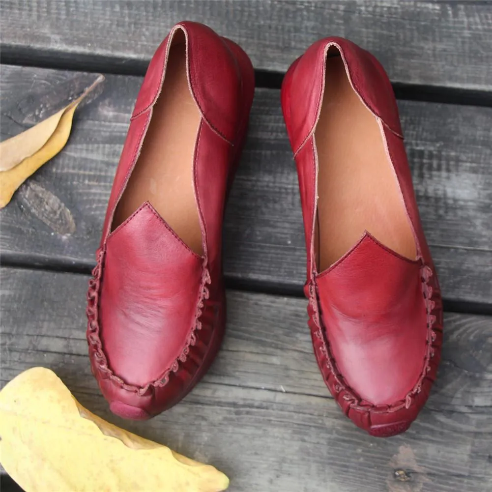 Women Handmade Leather Loafers,Retro Slip Ons  Red Platforms