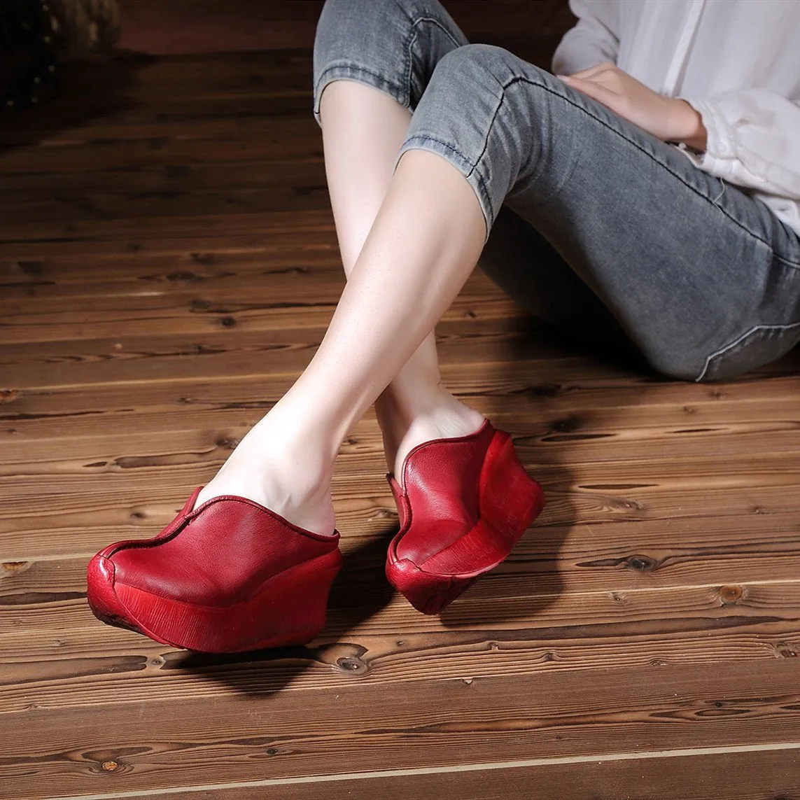 Women Handmade Retro Leather Platforms Wedges Slippers Red/Coffee