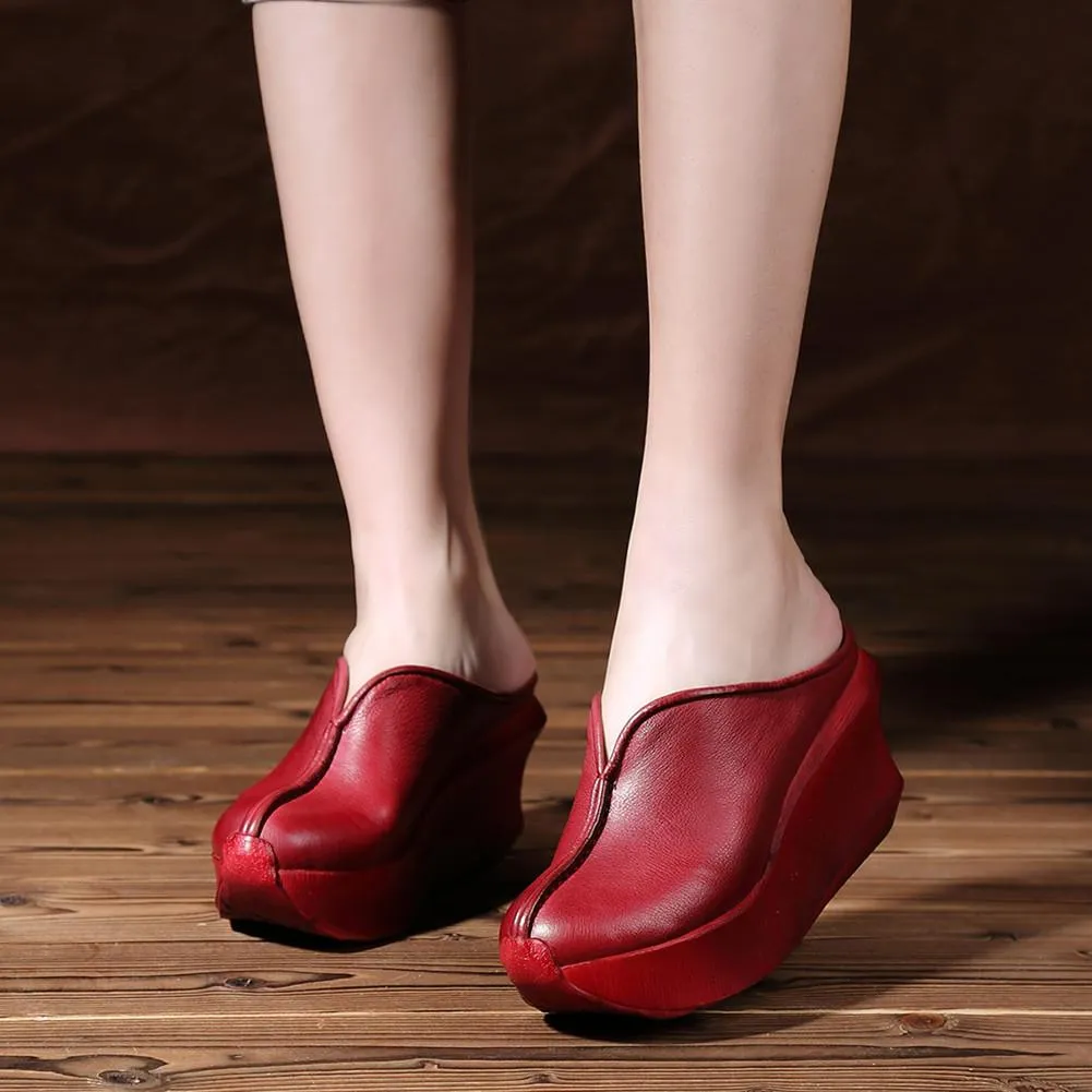 Women Handmade Retro Leather Platforms Wedges Slippers Red/Coffee