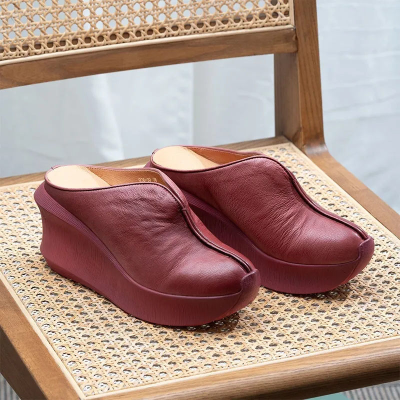 Women Handmade Retro Leather Platforms Wedges Slippers Red/Coffee