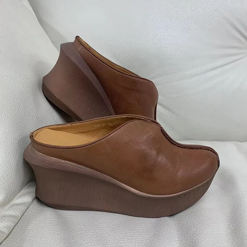 Women Handmade Retro Leather Platforms Wedges Slippers Red/Coffee