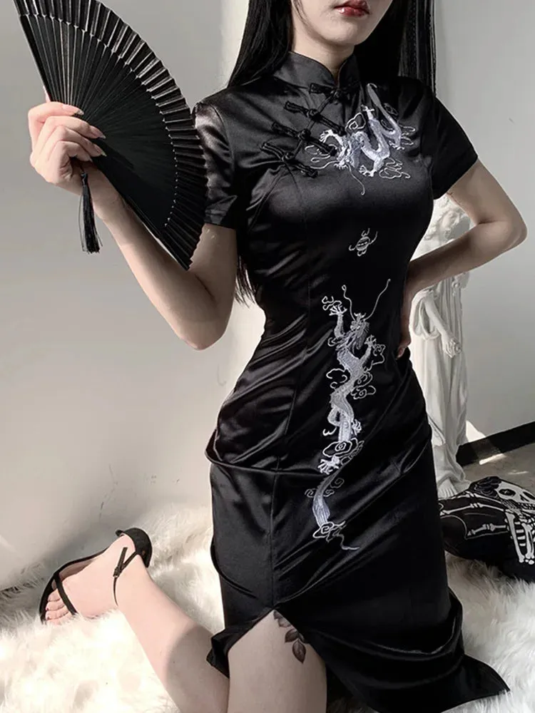 Women's Evening Qipao Side Cheongsam Slit Stand Retro Dragon Embroidery Collar Frock