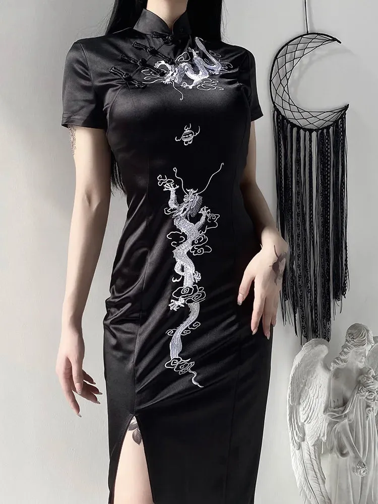 Women's Evening Qipao Side Cheongsam Slit Stand Retro Dragon Embroidery Collar Frock