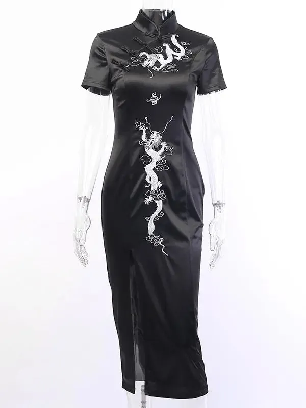 Women's Evening Qipao Side Cheongsam Slit Stand Retro Dragon Embroidery Collar Frock