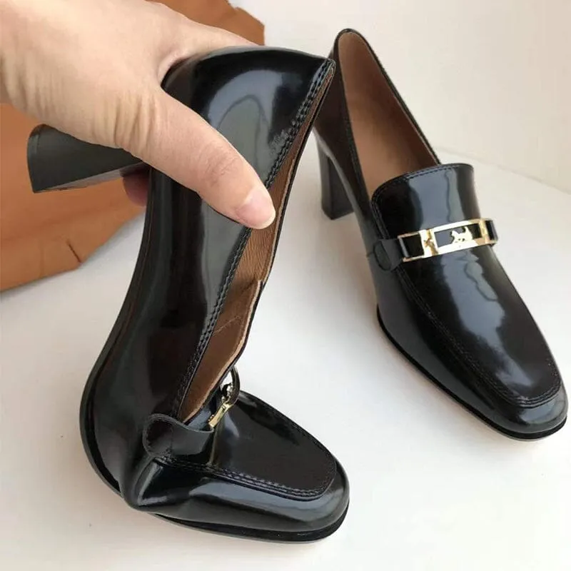 Women's Handmade Retro Square-Toe Blok-Heel Loafers in Black/Coffee/Khaki