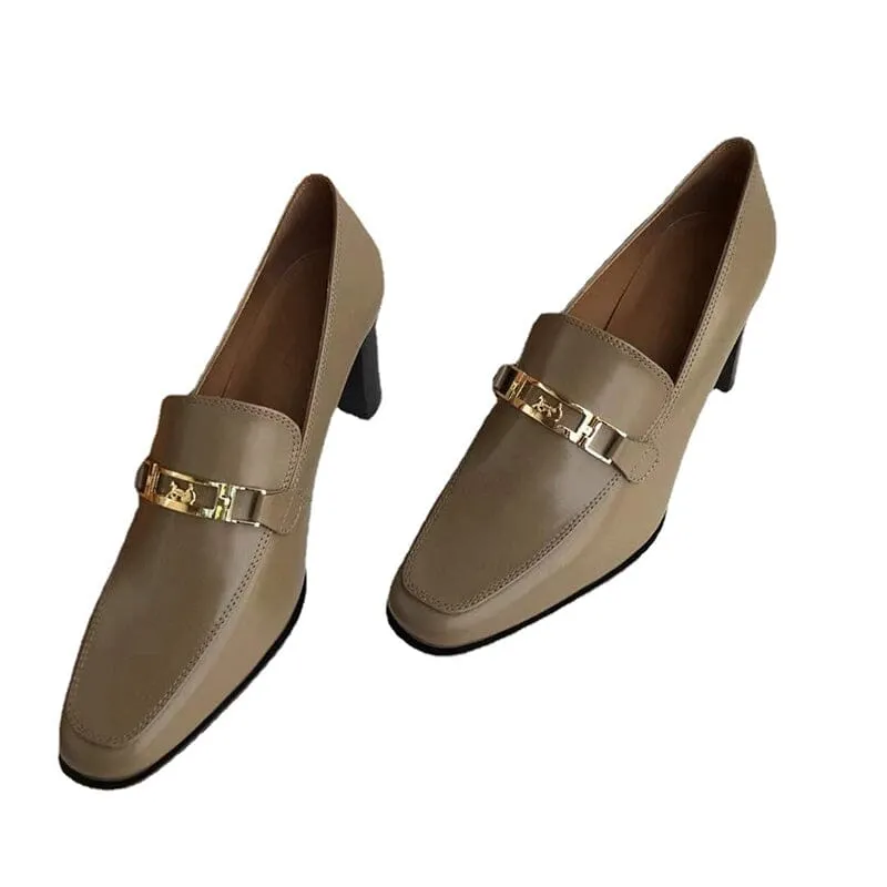 Women's Handmade Retro Square-Toe Blok-Heel Loafers in Black/Coffee/Khaki