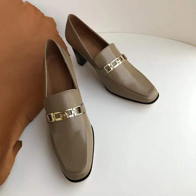 Women's Handmade Retro Square-Toe Blok-Heel Loafers in Black/Coffee/Khaki