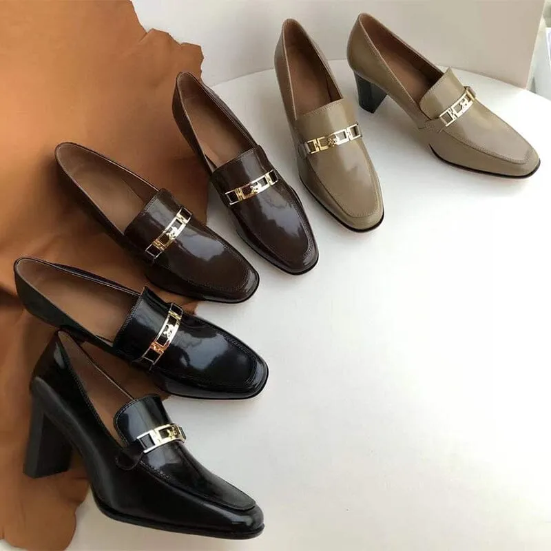 Women's Handmade Retro Square-Toe Blok-Heel Loafers in Black/Coffee/Khaki