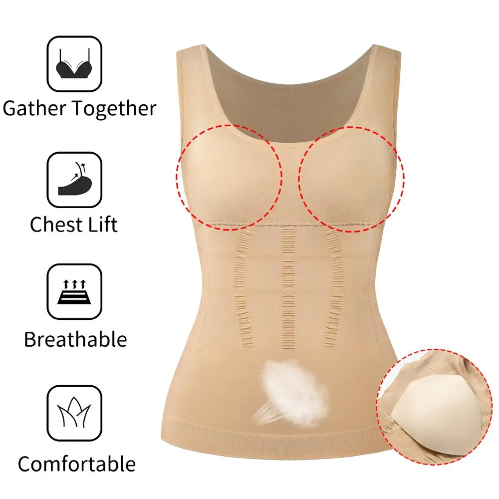 Women's Padded Shapewear Camisole Body Shaper Compression Shirt With Pads Waist Trainer Tummy Control Tank Tops Seamless Corset