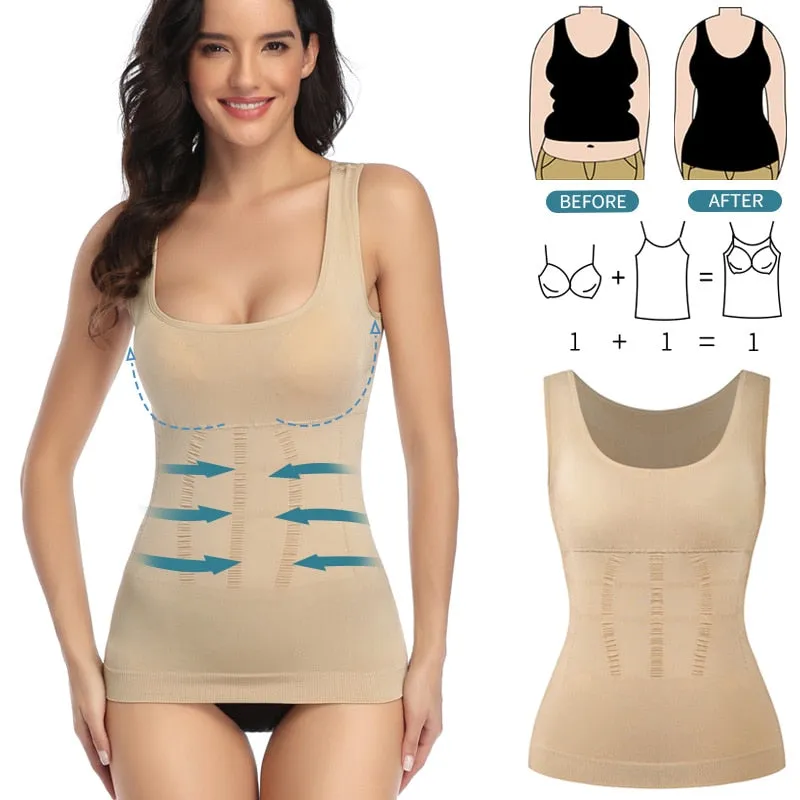 Women's Padded Shapewear Camisole Body Shaper Compression Shirt With Pads Waist Trainer Tummy Control Tank Tops Seamless Corset