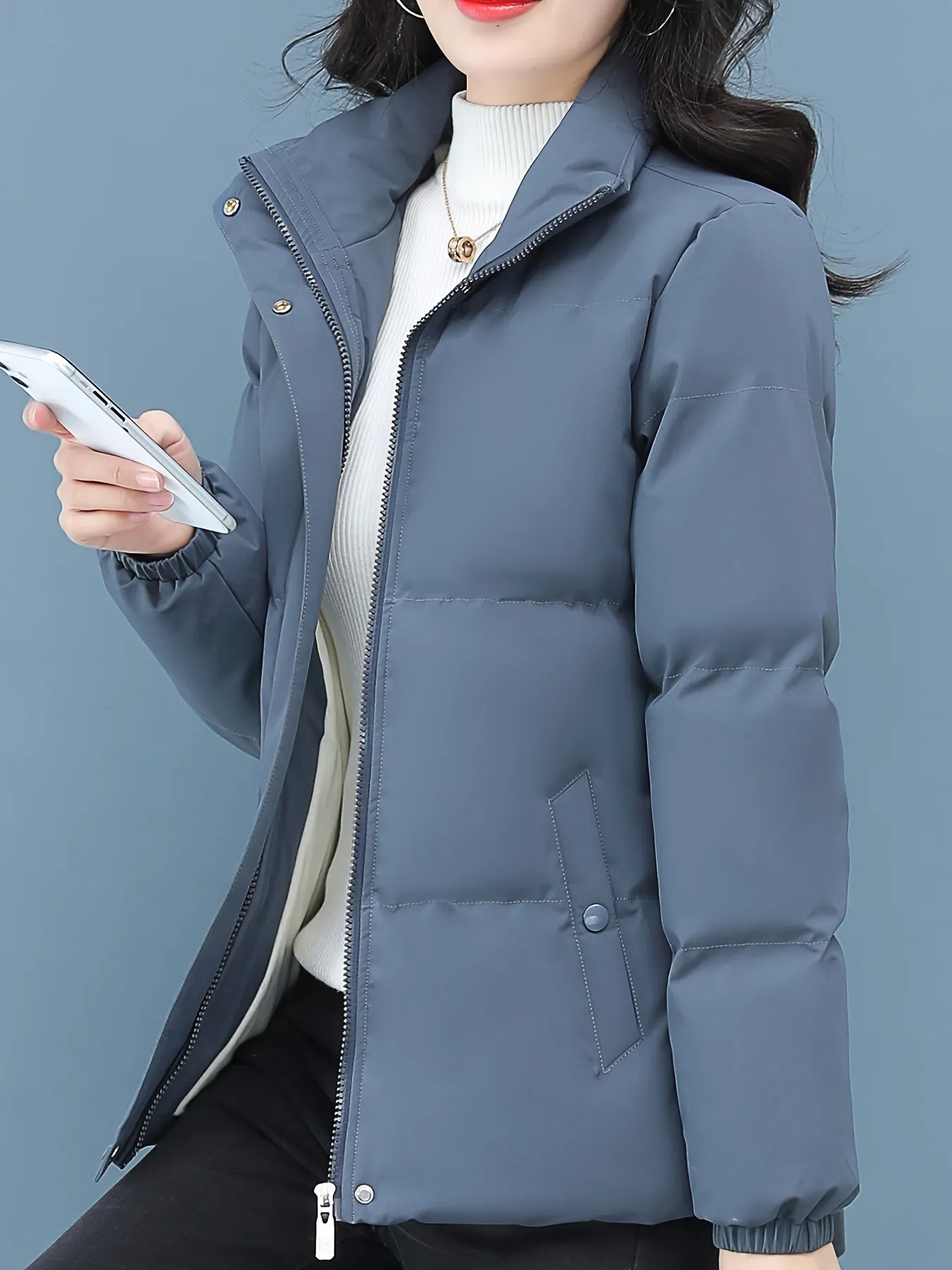 Women's Plus Size Winter Coat , Thickened Solid Color Padded Cotton Jacket, Casual Style, Regular Sleeve, Zipper Closure, Non-Stretch Polyester, Standard Length, No Belt, Crew Neck, Regular Fit