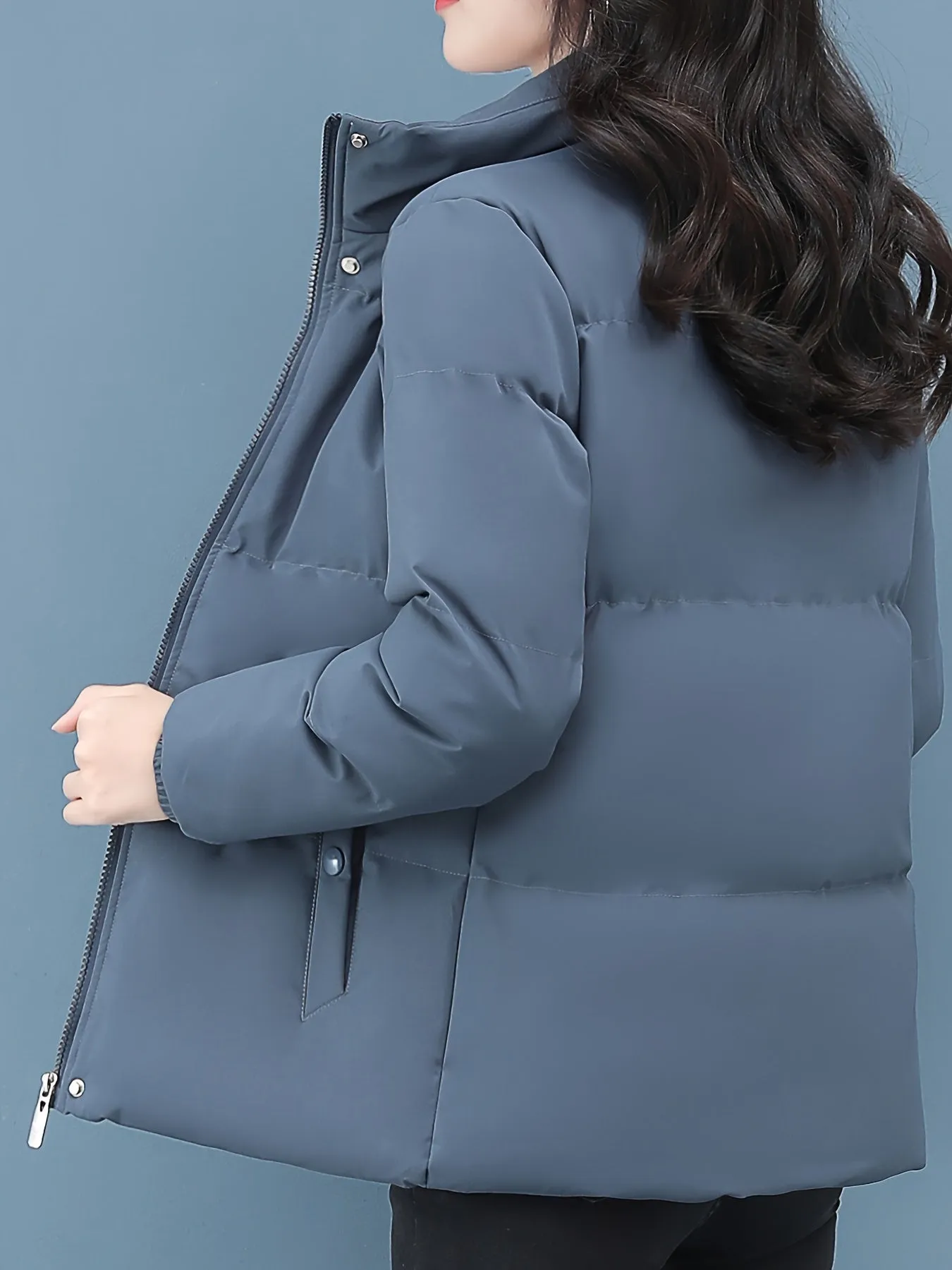 Women's Plus Size Winter Coat , Thickened Solid Color Padded Cotton Jacket, Casual Style, Regular Sleeve, Zipper Closure, Non-Stretch Polyester, Standard Length, No Belt, Crew Neck, Regular Fit