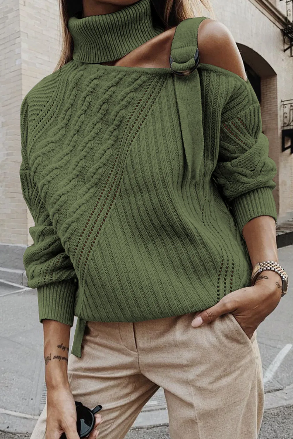 Women's  Strapped Cut Out Shoulder Knitted Top Solid Color Turtleneck Sweater