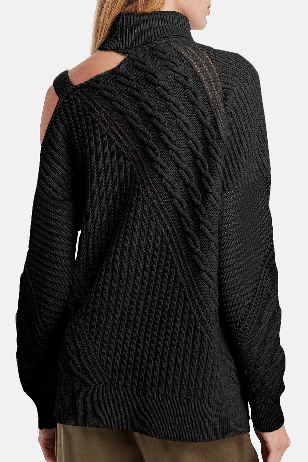 Women's  Strapped Cut Out Shoulder Knitted Top Solid Color Turtleneck Sweater