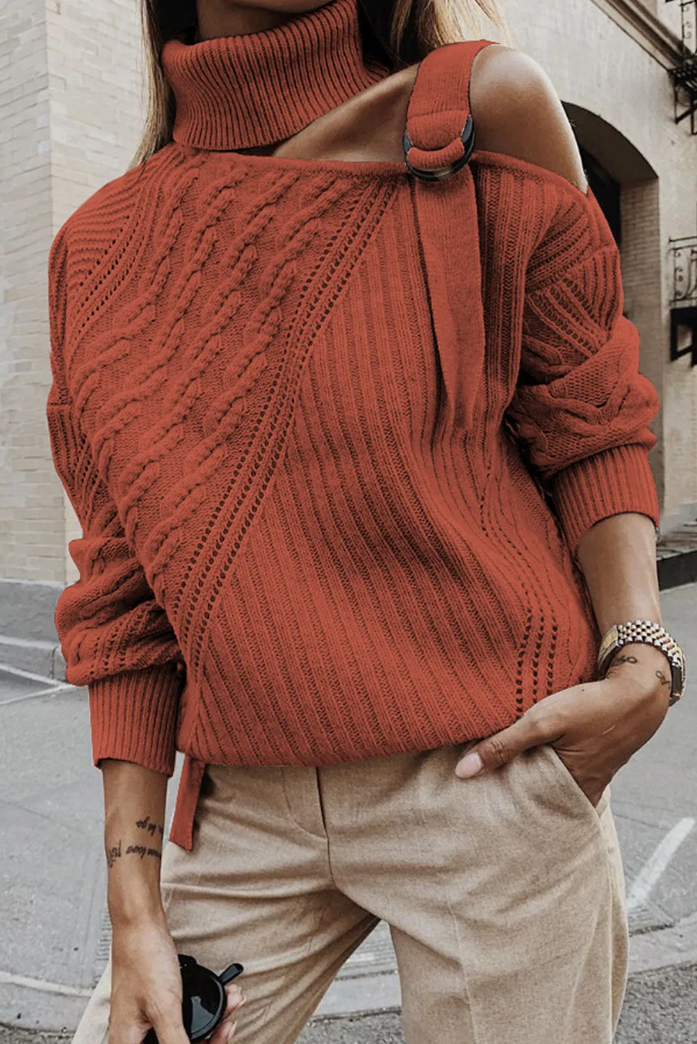 Women's  Strapped Cut Out Shoulder Knitted Top Solid Color Turtleneck Sweater