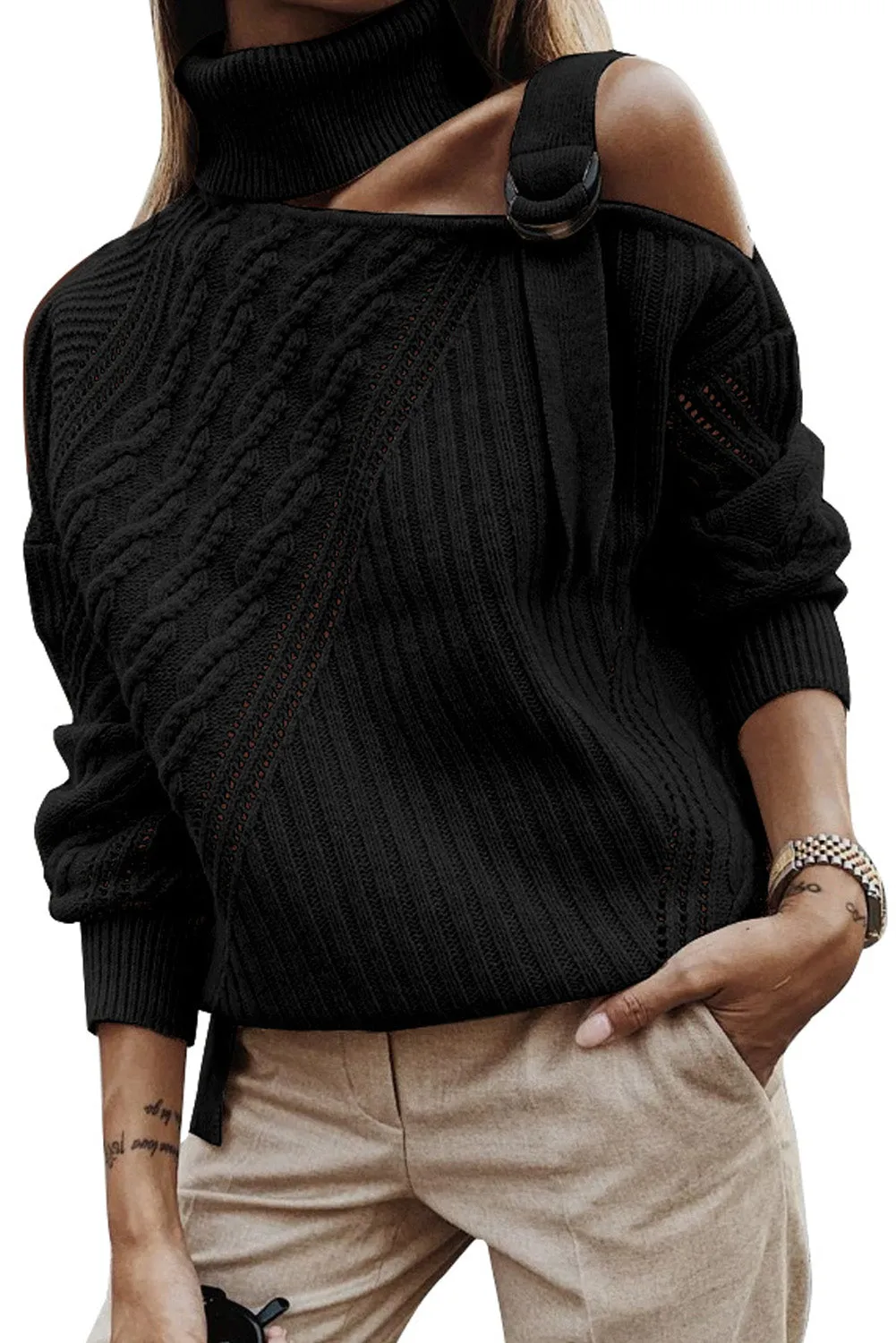 Women's  Strapped Cut Out Shoulder Knitted Top Solid Color Turtleneck Sweater