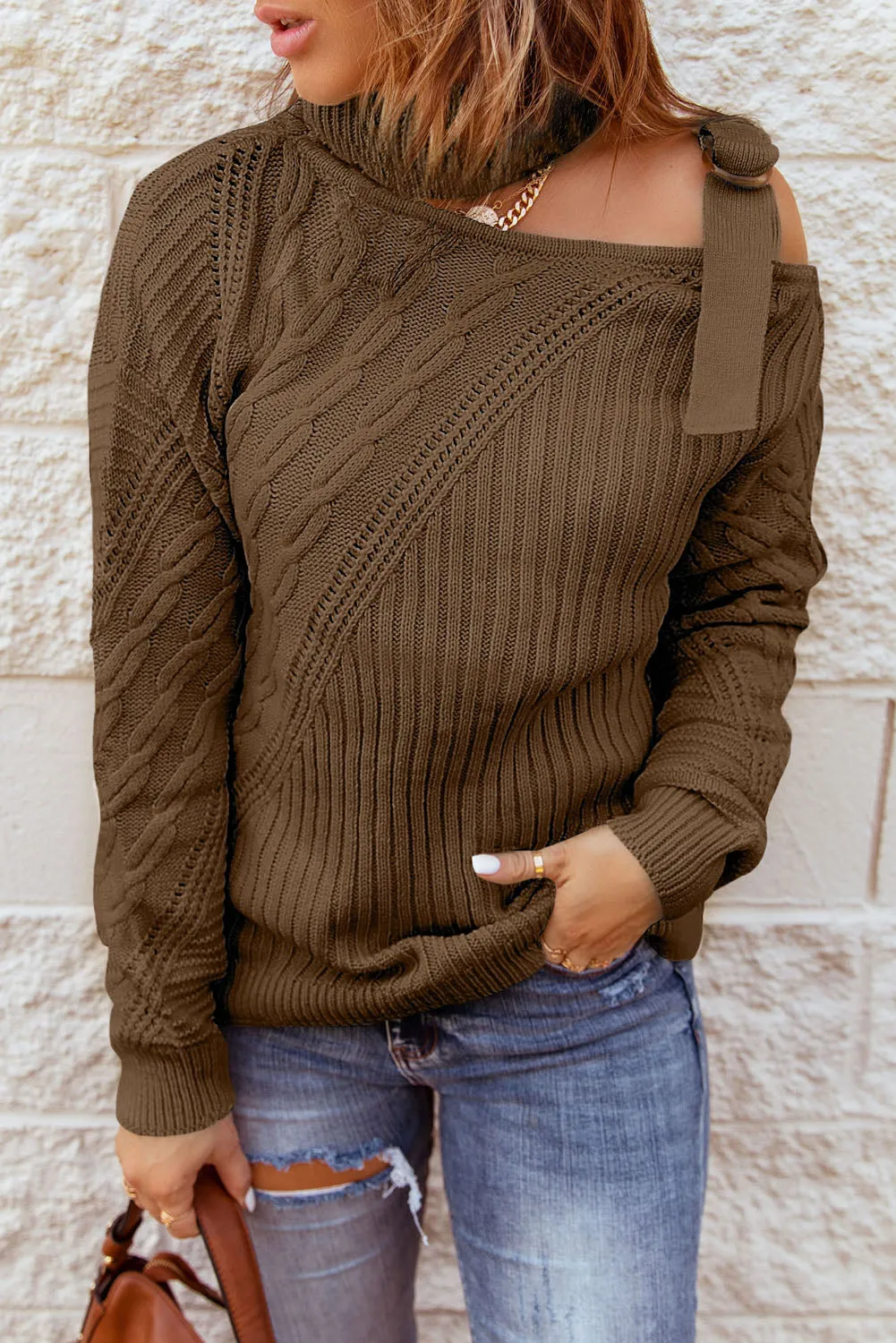 Women's  Strapped Cut Out Shoulder Knitted Top Solid Color Turtleneck Sweater